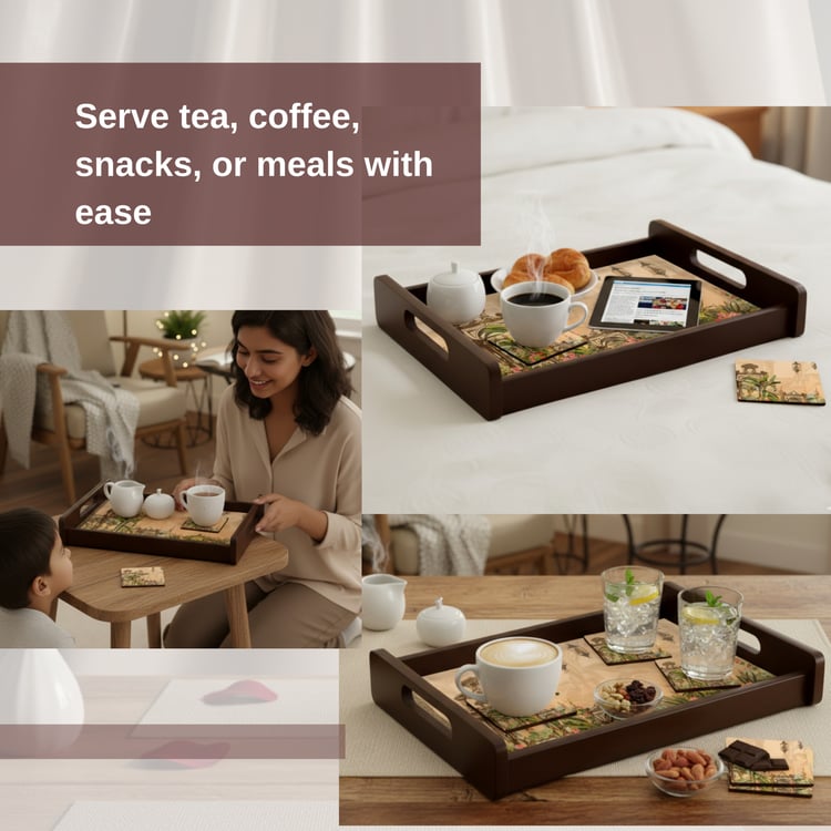 HOME SPARKLE Wooden Serving Tray with 4 Coasters