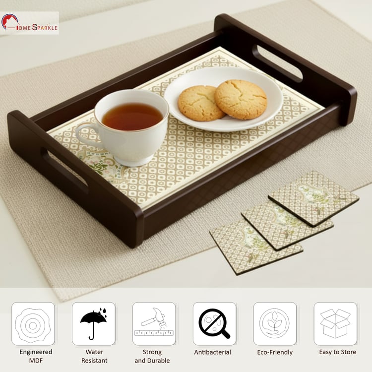HOME SPARKLE Wooden Serving Tray with 4 Coasters