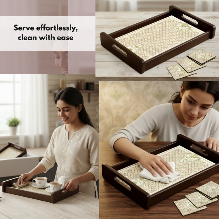 HOME SPARKLE Wooden Serving Tray with 4 Coasters
