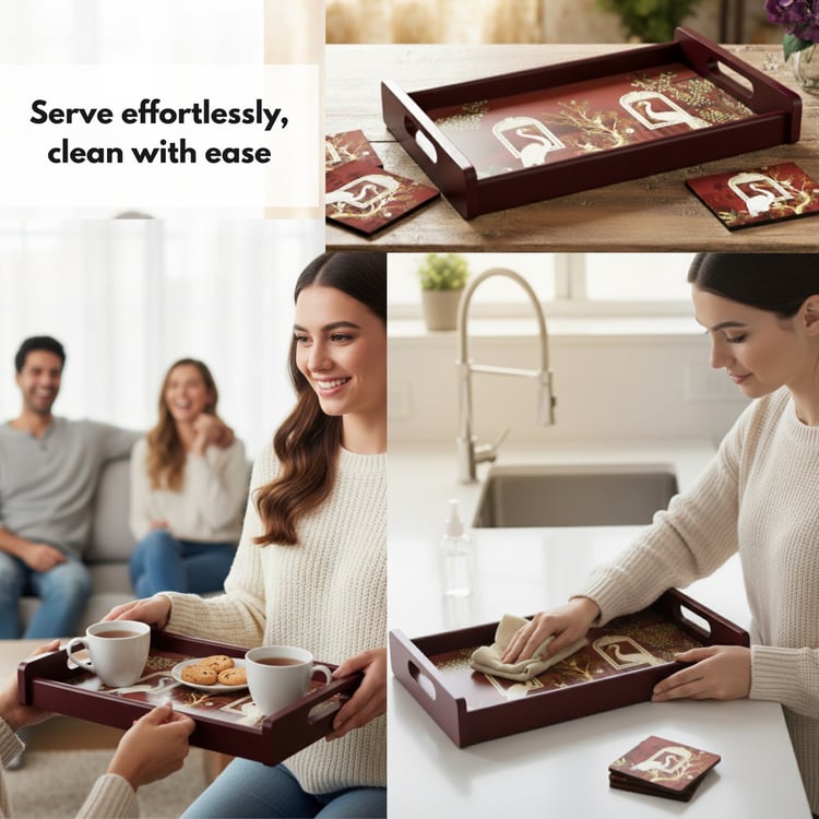 HOME SPARKLE Wooden Serving Tray with 4 Coasters