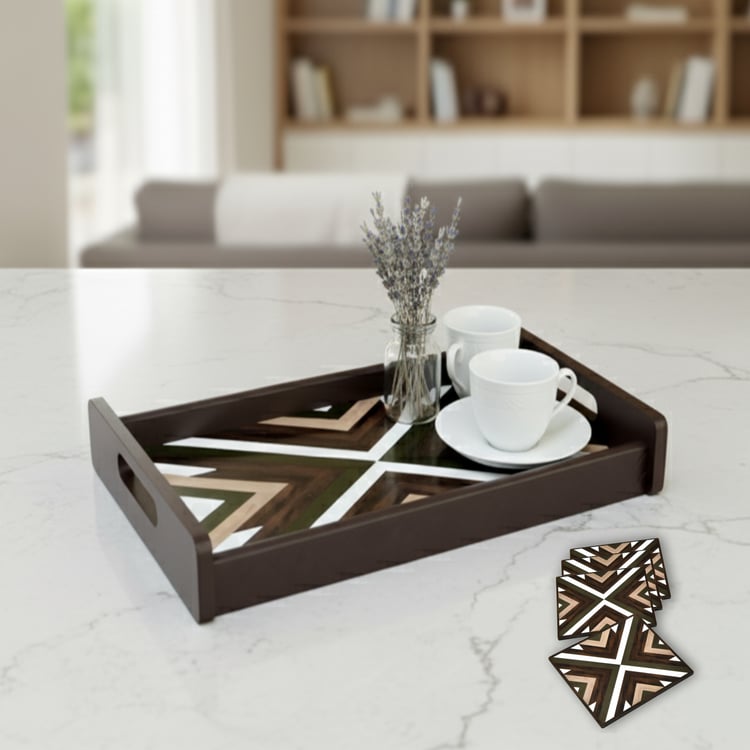 HOME SPARKLE Wooden Serving Tray with 4 Coasters