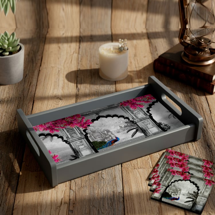 HOME SPARKLE Wooden Serving Tray with 4 Coasters