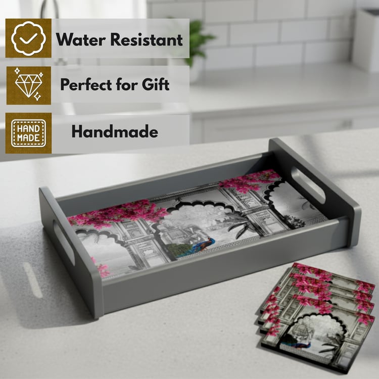 HOME SPARKLE Wooden Serving Tray with 4 Coasters