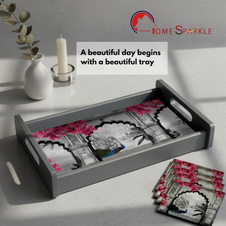 HOME SPARKLE Wooden Serving Tray with 4 Coasters