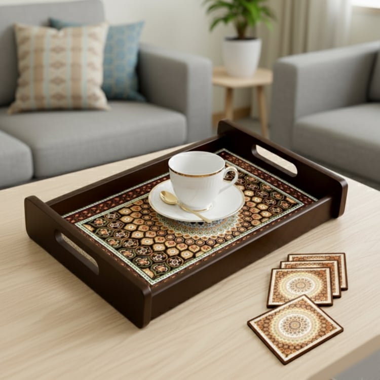 HOME SPARKLE Wooden Serving Tray with 4 Coasters