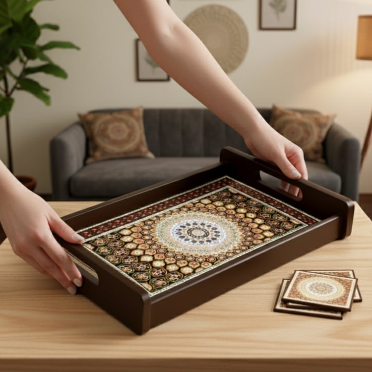 HOME SPARKLE Wooden Serving Tray with 4 Coasters