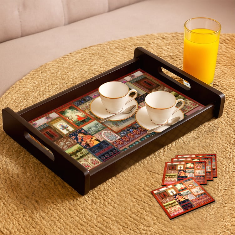 HOME SPARKLE Wooden Serving Tray with 4 Coasters