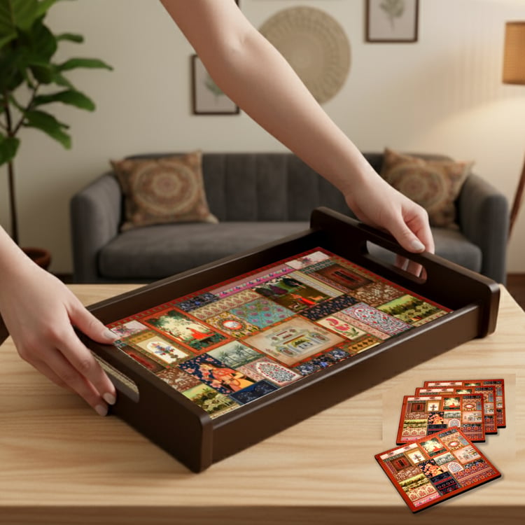 HOME SPARKLE Wooden Serving Tray with 4 Coasters