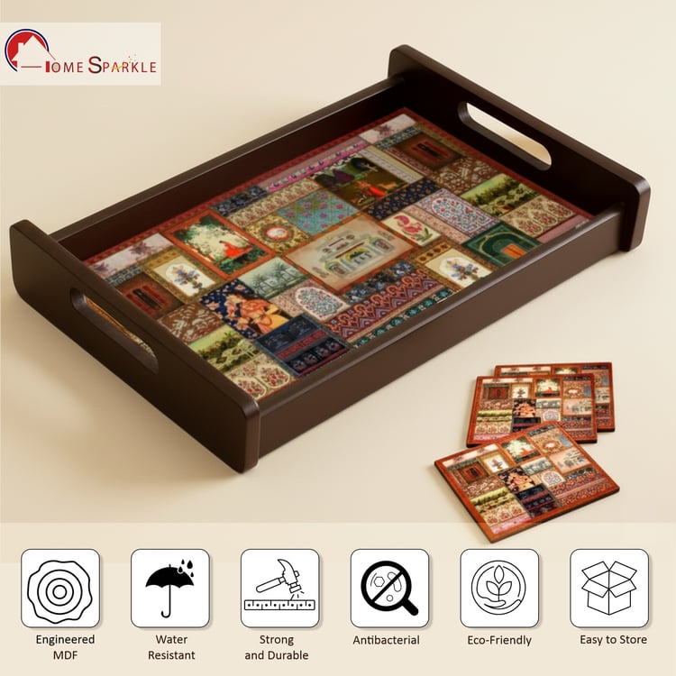 HOME SPARKLE Wooden Serving Tray with 4 Coasters