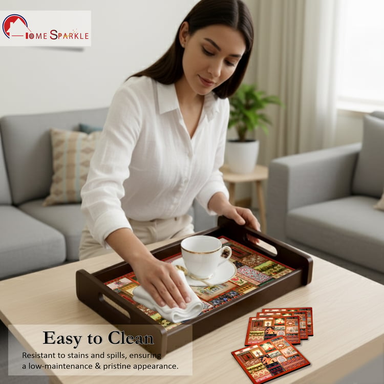 HOME SPARKLE Wooden Serving Tray with 4 Coasters