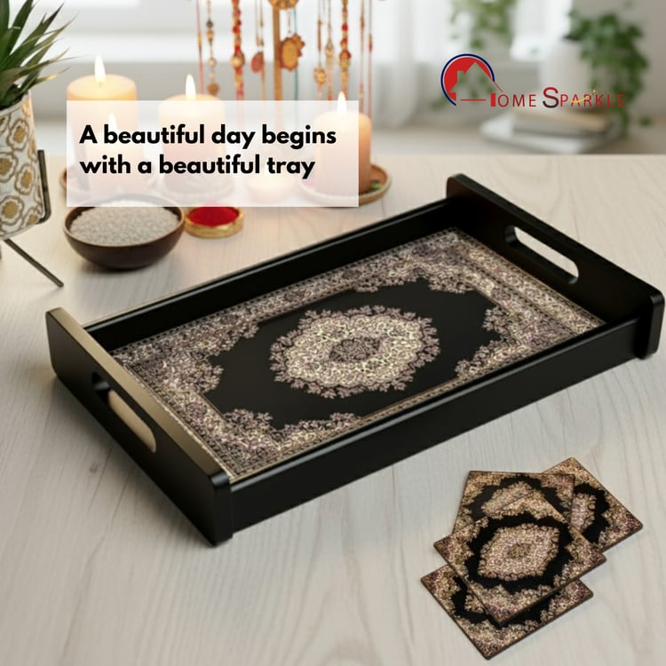 HOME SPARKLE Wooden Serving Tray with 4 Coasters