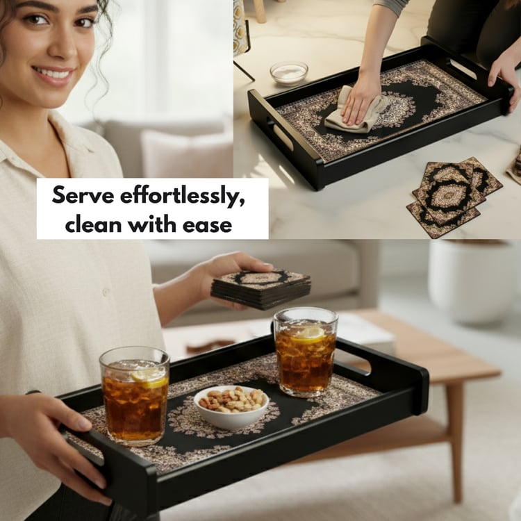 HOME SPARKLE Wooden Serving Tray with 4 Coasters