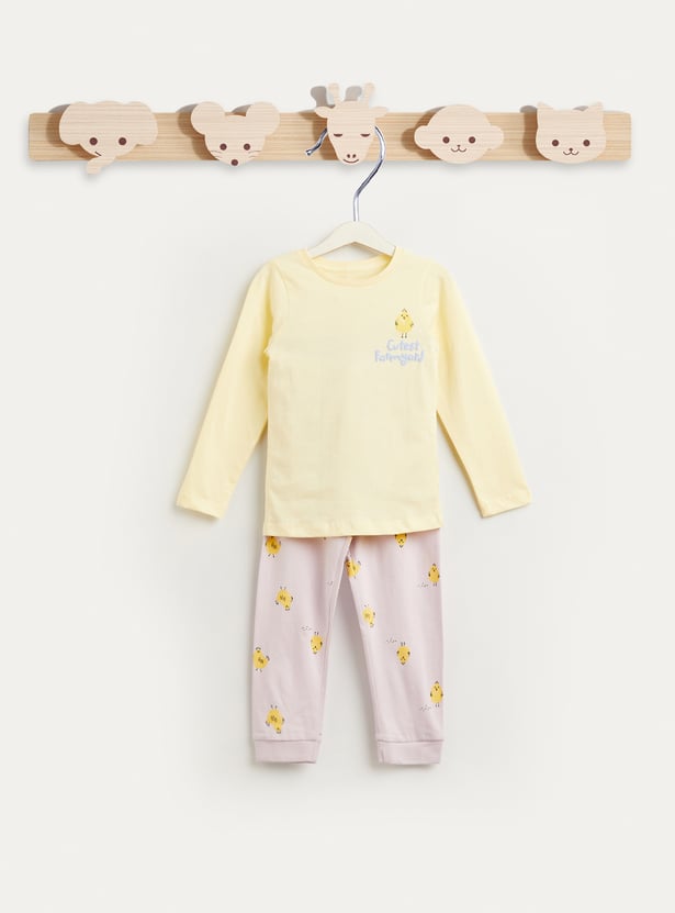 Juniors Bird Print T-shirt with Long Sleeves and Pyjama Set