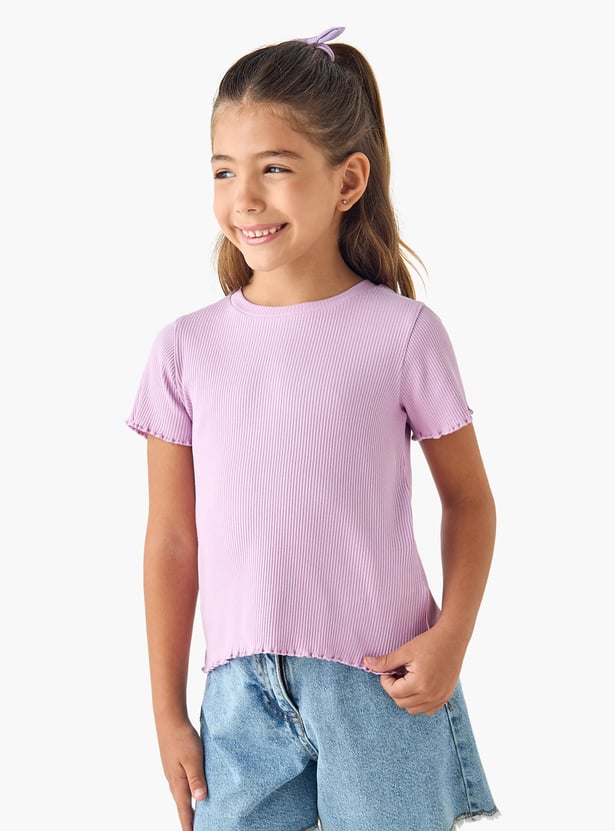 Juniors Ribbed T-shirt with Short Sleeves and Lettuce Hem