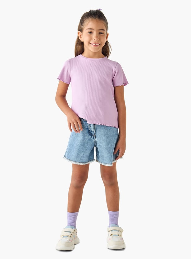 Juniors Ribbed T-shirt with Short Sleeves and Lettuce Hem