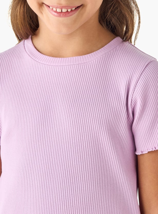 Juniors Ribbed T-shirt with Short Sleeves and Lettuce Hem