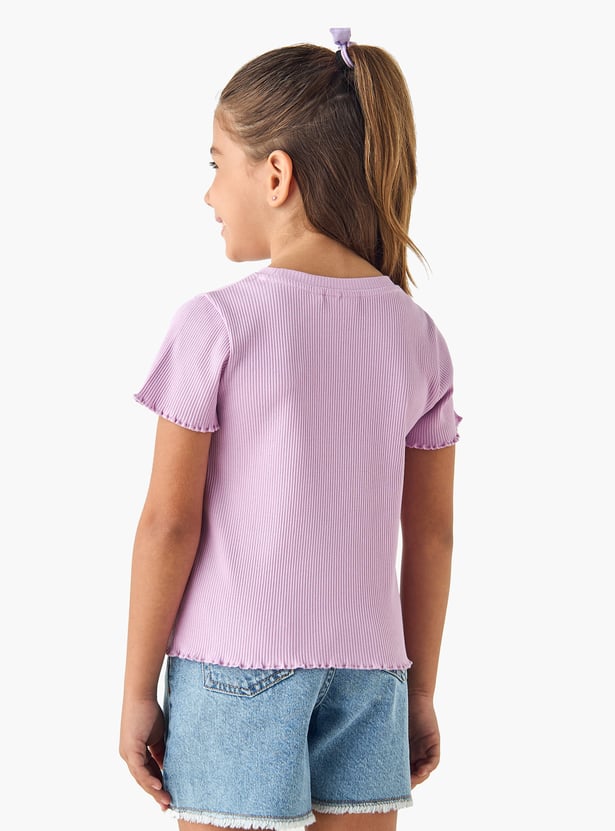 Juniors Ribbed T-shirt with Short Sleeves and Lettuce Hem
