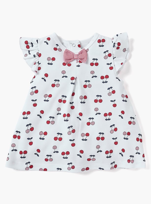 Juniors Cherry Print Dress with Bow Detail