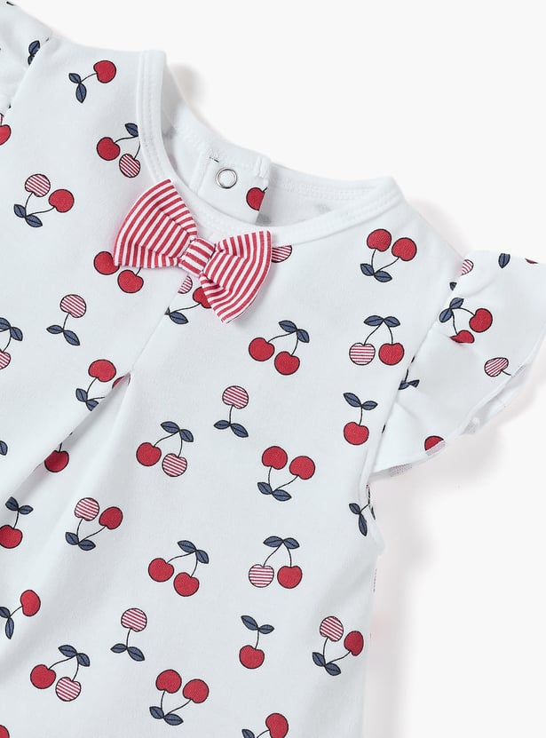 Juniors Cherry Print Dress with Bow Detail