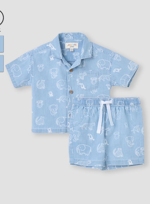 Juniors Animal Print Denim Shirt and Shorts Set
