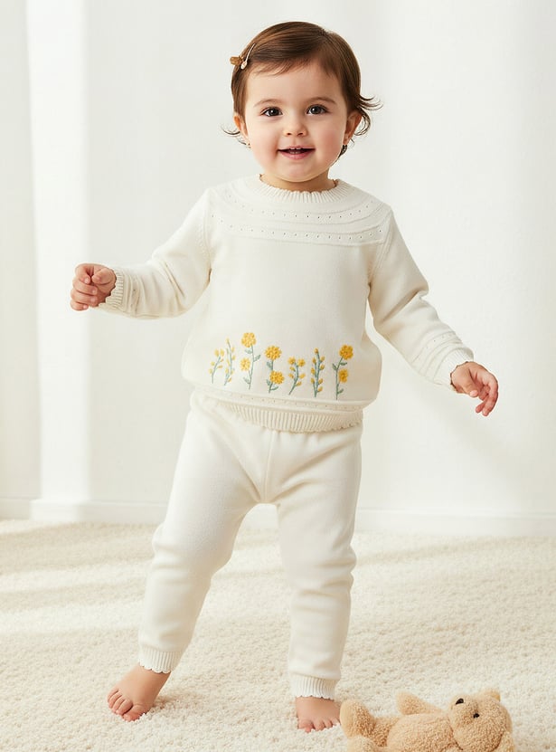 Juniors Embroidered Sweater with Pants Set