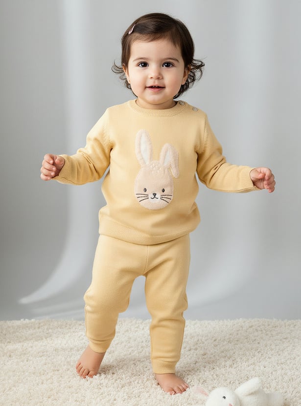 Juniors Bunny Embroidered Sweater with Pants Set
