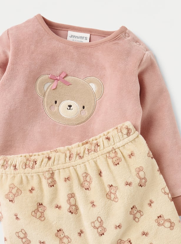 Juniors Bear Applique Velour T-shirt and Pyjama Set