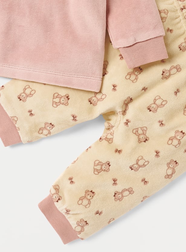 Juniors Bear Applique Velour T-shirt and Pyjama Set