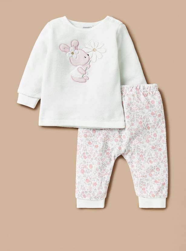 Juniors Bunny Applique Velour T-shirt and Pyjama Set