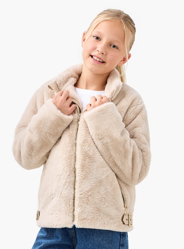 Juniors Plush Zip Through Jacket with Long Sleeves