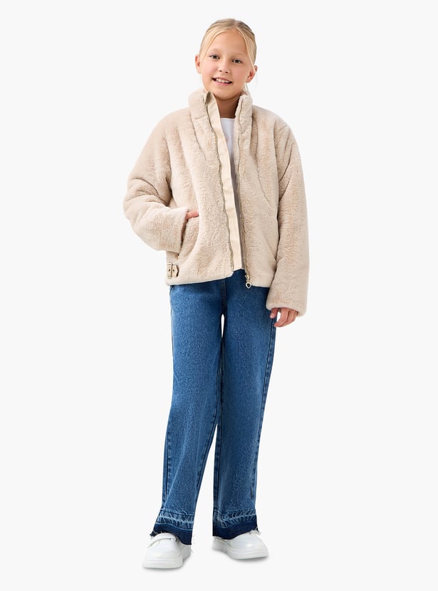 Juniors Plush Zip Through Jacket with Long Sleeves