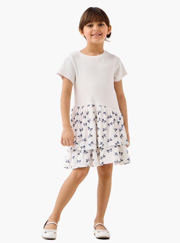 Juniors Bow Print Drop Waist Dress with Short Sleeves