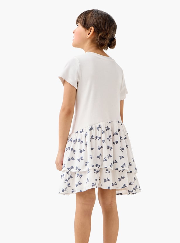 Juniors Bow Print Drop Waist Dress with Short Sleeves