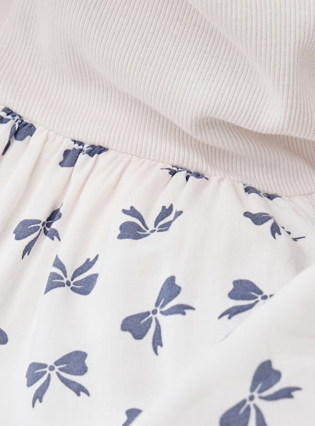 Juniors Bow Print Drop Waist Dress with Short Sleeves