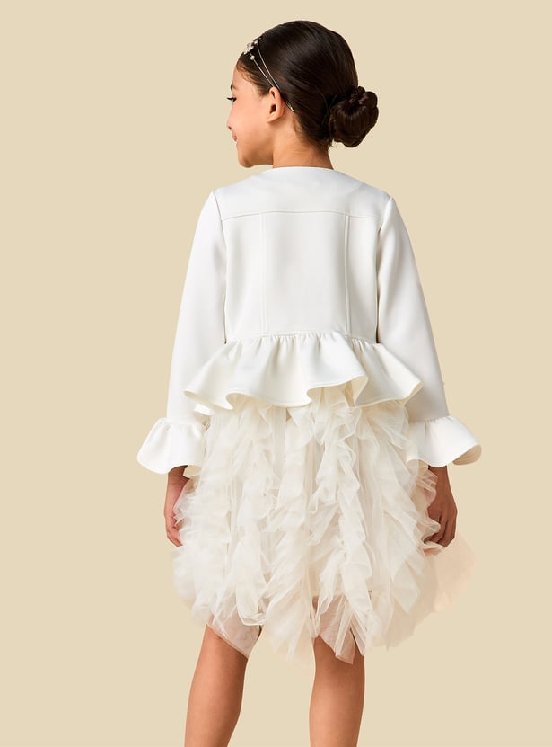 Juniors Ruffled Tulle Dress with Peplum Jacket