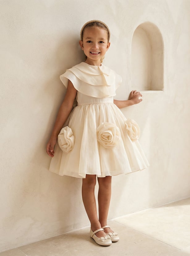 Juniors Floral Applique Dress with Cape