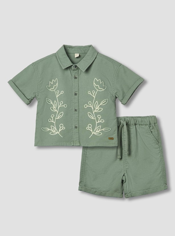 Giggles Floral Embroidered Shirt and Shorts Set