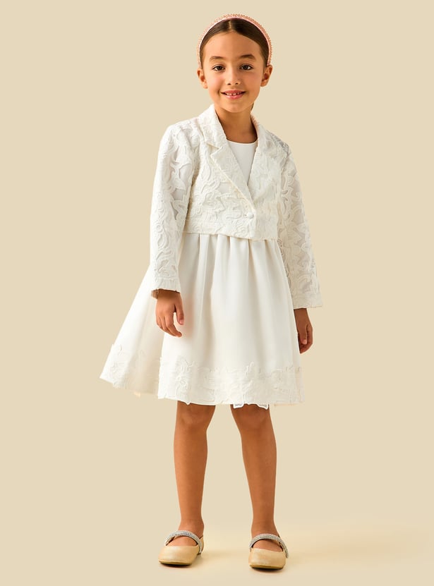 Juniors Lace Embroidered Dress and Bolero Jacket Set
