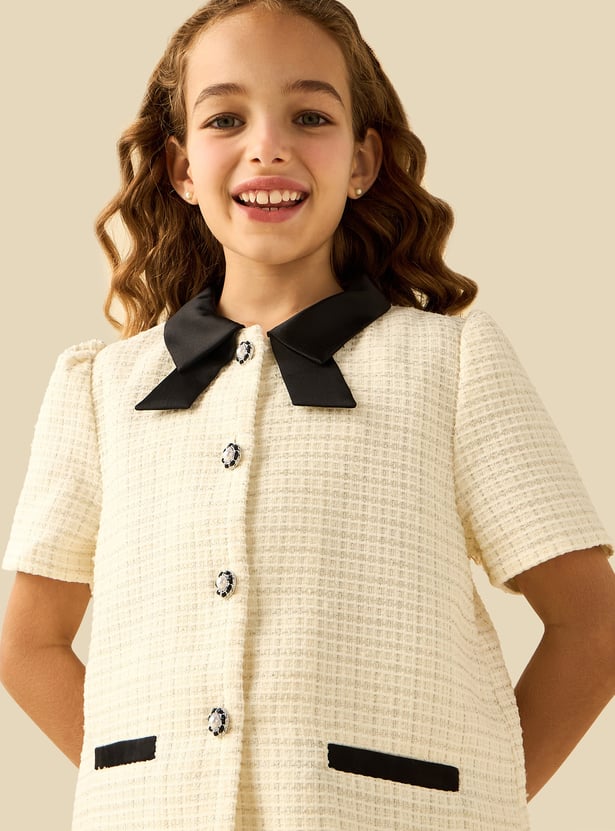 Juniors Tweed Blouse with Embellished Buttons