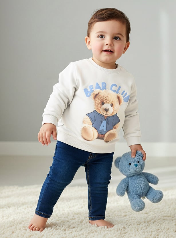 Juniors Bear Print Sweatshirt with Button Closure