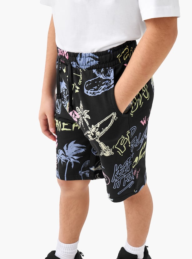 Juniors Graphic Print Shorts with Drawstring Waistband