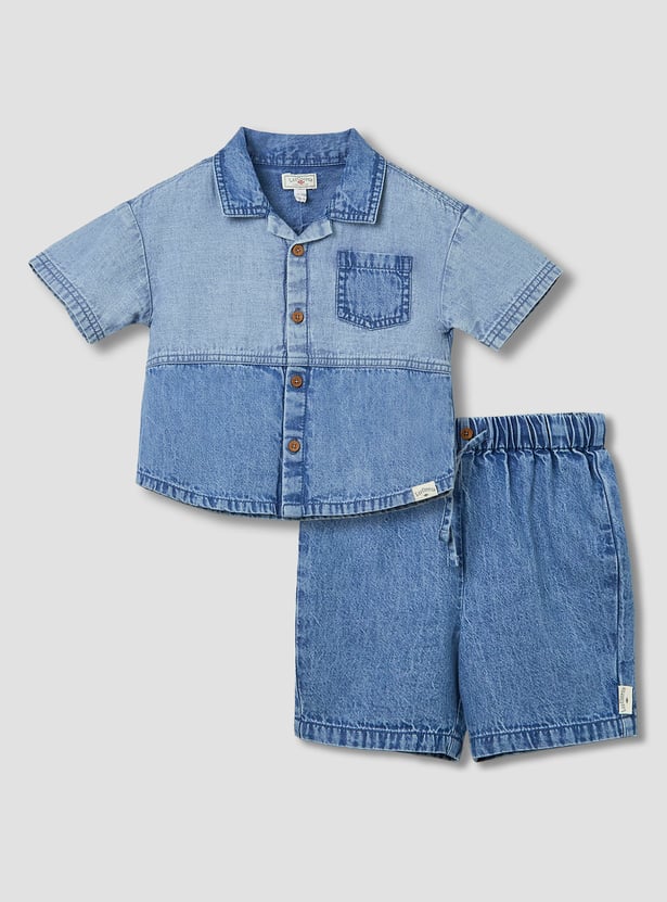 Juniors Denim Collared Shirt and Shorts Set