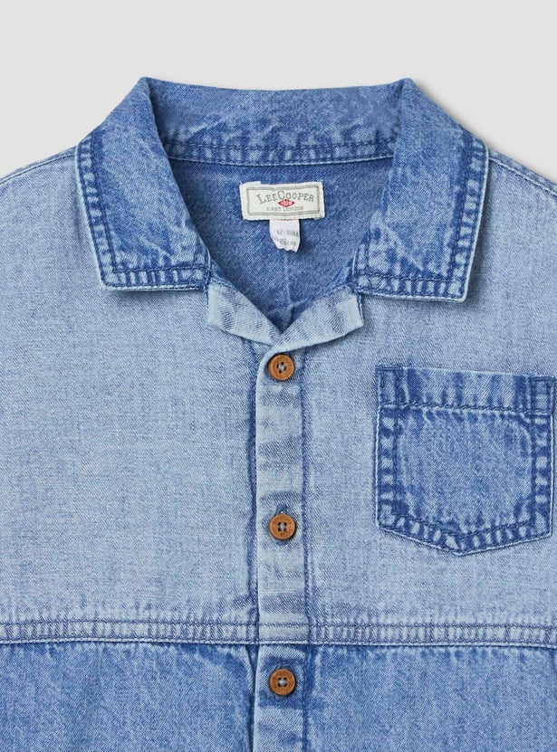 Juniors Denim Collared Shirt and Shorts Set