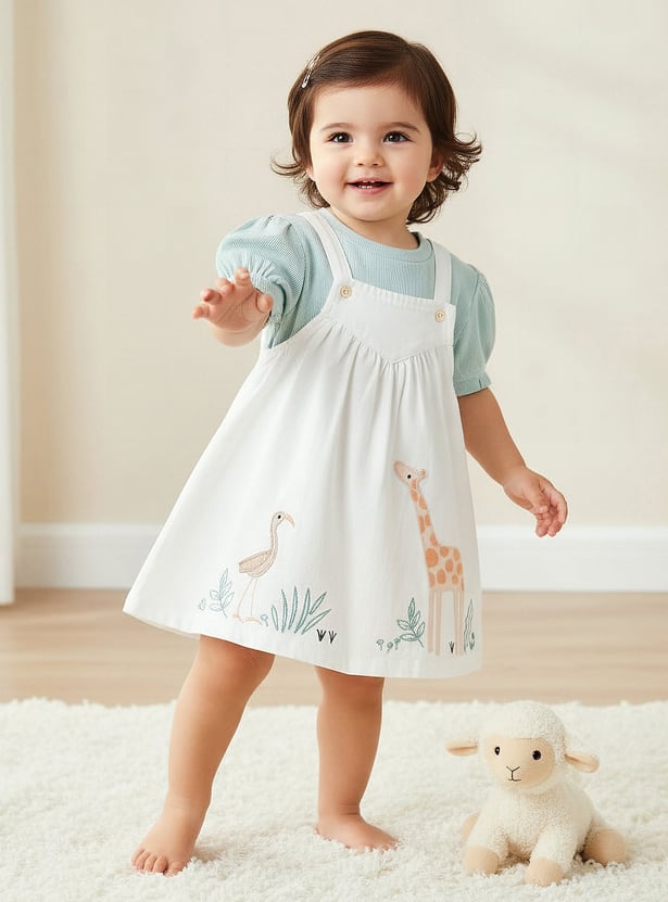 Juniors Embroidered Pinafore Dress and Top Set