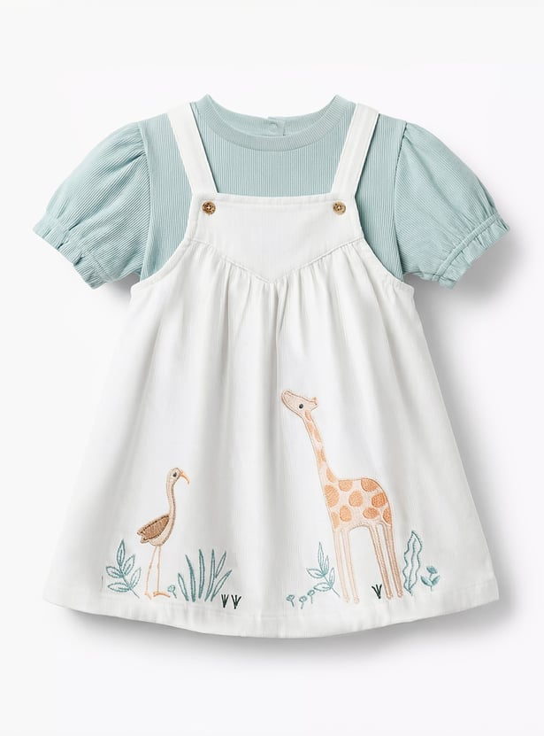Juniors Embroidered Pinafore Dress and Top Set