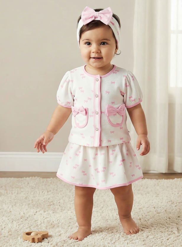 Juniors Bow Print Top and Skirt Set with Headband