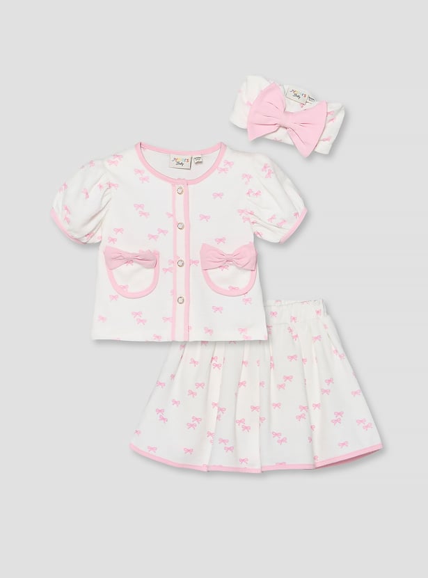 Juniors Bow Print Top and Skirt Set with Headband