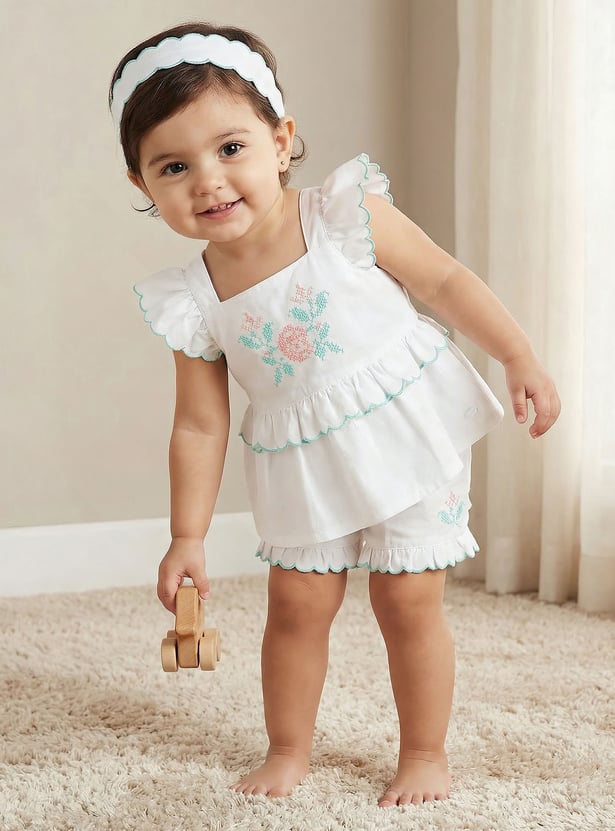 Giggles Embroidered Top and Shorts Set with Headband