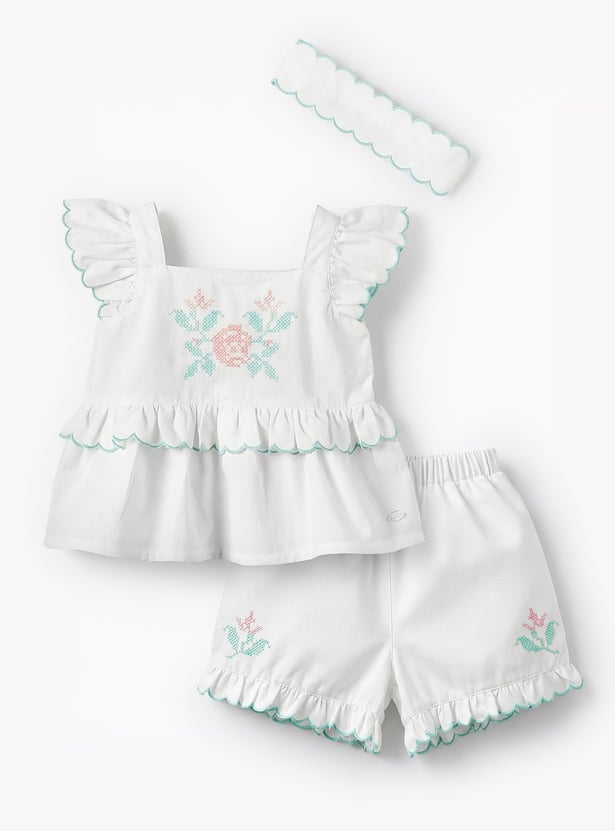 Giggles Embroidered Top and Shorts Set with Headband
