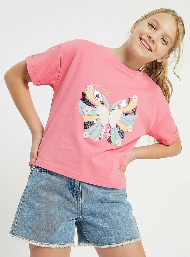 Juniors Butterfly Sequin T-shirt